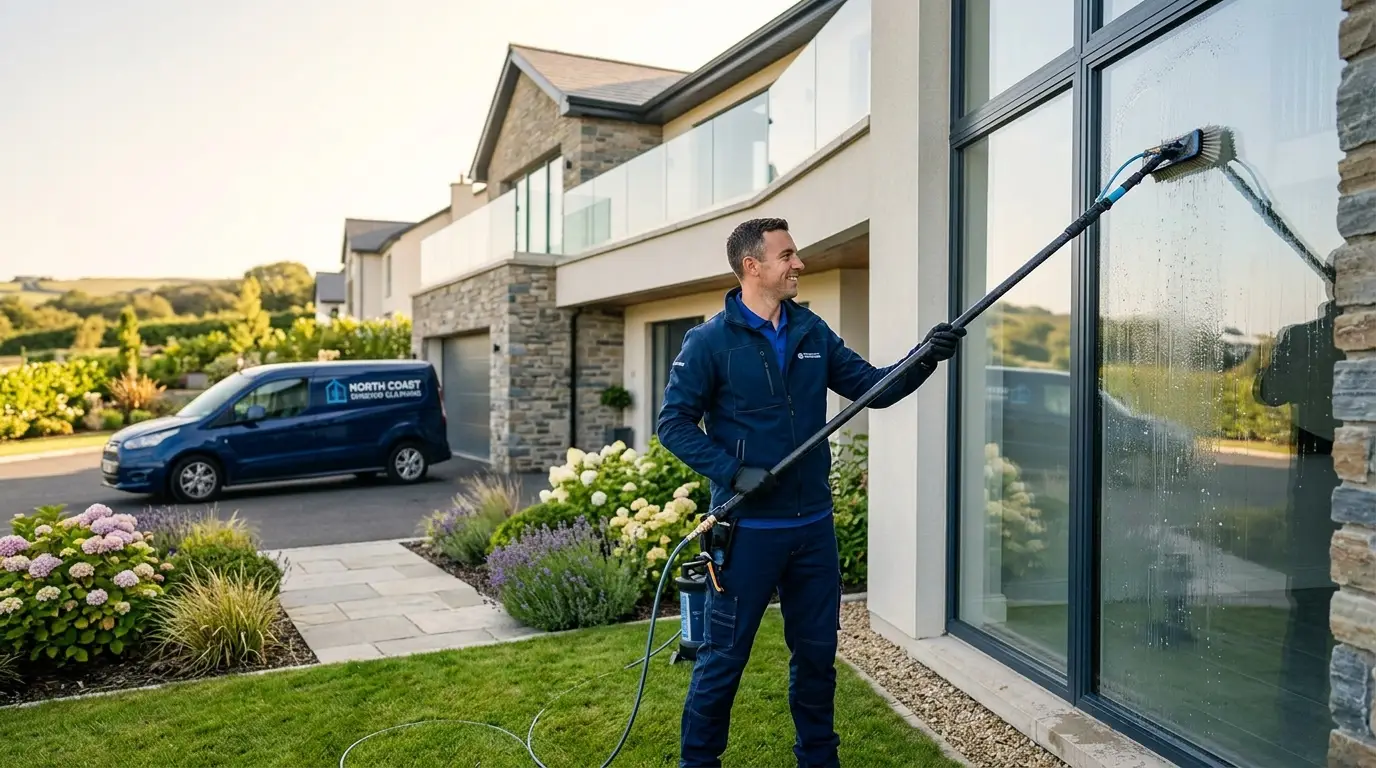 A Diamond Property Maintenance NI cleaner using a water-fed pole to clean the windows of a modern Northern Irish home